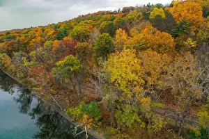Closeup aerial image of colorful fall foliage looking down