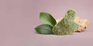 Roller Prints: Closeup photography of guasha with glossy leafs and natural stone near it