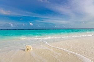 Images Dated 12th March 2019: Closeup of sand on beach and blue summer sky. Panoramic beach landscape
