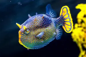 Spiny Prints: A closeup shot of a male ornate cowfish, Aracana ornata