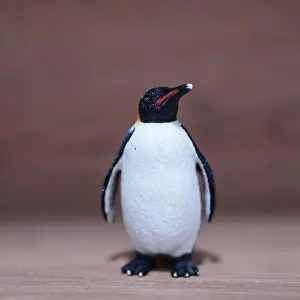 Small Animal Prints: A closeup shot of a mini penguin toy figure on a wooden surface
