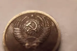 Ussr Prints: Closeup Of The USSR Coat Of Arms On The Old Soviet Copper Coin