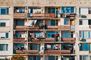 Bulgarian Prints: clothing hanging to dry on the balconies of Brutalist style apartments in outer Plovdiv