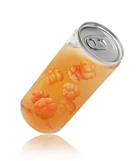 Thirst Prints: Cloudberry juice in a plastic bottle, conceptual image isolated on white background