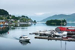 Images Dated 7th July 2017: Cloudy summer view of Hardangerfjord and Norheimsund village, Norway, Europe. Landscape photography
