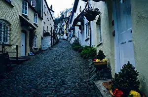 Sleepy Prints: Clovelly Cobbled Street View: Looking Up the Deserted Hill at This Famous Cottage Lined Street: Clovelly