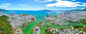 The coastal city of Nha Trang seen from above on a sunny summer afternoon