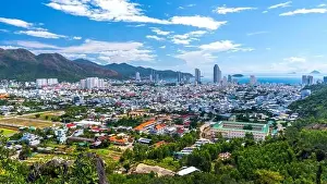 Urban Skyline Prints: The coastal city of Nha Trang seen from above on a sunny summer afternoon