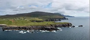 Signal Tower Prints: Coastline panorama of County Donegal at Malin Beg with the ruins of the Napoleonic signal tower on the cliff edge
