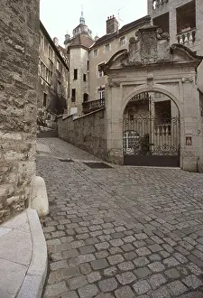 Cobbled Prints: Empty cobblestone street of Dole, Jura, Franche-Comte, France