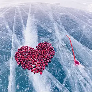 Siberia Prints: Cocktail kiss winter of lake Baikal with straw and hole in pure ice with cranberry heart