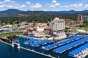 Blue Boat Prints: Coeur d Alene, Idaho - August 12: Aerial view of The Coeur d Alene resort and Marina