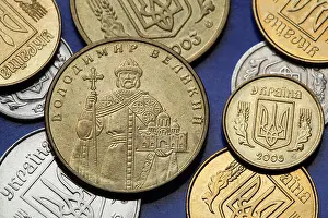 Ukrainian Prints: Coins of Ukraine. Saint Vladimir the Great depicted in the Ukrainian one hryvnia coin