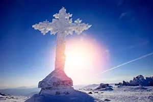 Sheregesh Prints: Cold landscape worship cross mountain Kemerovo region Russia in winter forest