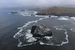 The cold, nutrient-rich waters of the Pacific Ocean wash against the rugged yet scenic coastline of Northern California