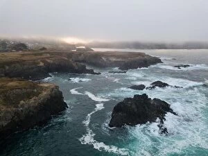 Aerial Landscape Collection: The cold water of the Pacific Ocean washes onto the coast of Mendocino in Northern California