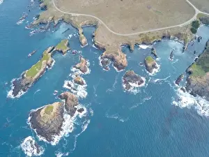 The cold water of the Pacific Ocean washes onto the coast of Mendocino in Northern California. This coastal part of the U.S. is incredibly beautiful