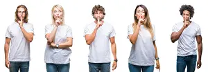 Informal Prints: Collage of group of people wearing casual white t-shirt over isolated background asking to be quiet with finger on lips