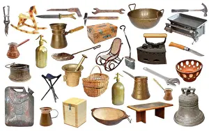 Stool Prints: collage with very old objects isolated over white background