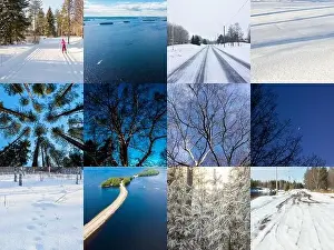 Collage of winter and summer nature photos in form of Finnish flag. Full size