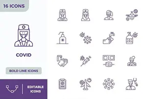 Social Distancing Prints: Collection of 16 Bold Line PIXEL perfect vector icons for Covid