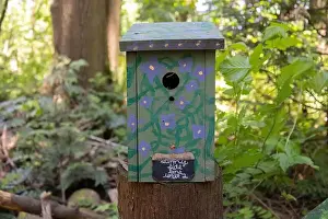 Arbol Prints: Collection of birdhouses made by children and placed on fallen trees in the forest
