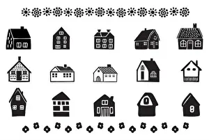 Homestead Prints: Collection of cottage house motifs in block print style. Set of homstead farm icons