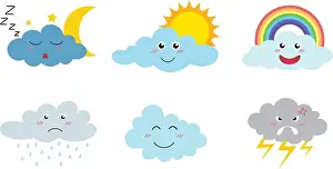 Yellow Vector Vectors Prints: Collection of cute cloud cartoon emojis icon set with different expressions isolated on white background - Vector