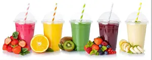 Juices Prints: Collection of fruit juice smoothies orange drink drinks cups healthy eating isolated on white