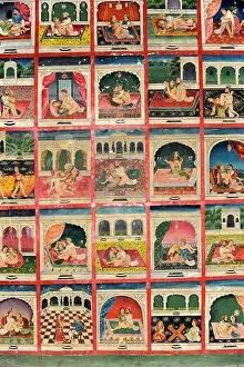 A collection of paintings depicting the Kama Sutra in an cupboard in the Maharawal's bedroom in the Juna Mahal Palace