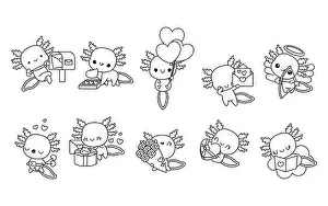 Salamander Prints: Collection of Vector Kawaii Axolotl Coloring Page