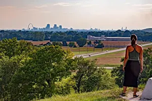 St Louis Prints: Collinsville, Illinois - A visitor looks towards downtown St
