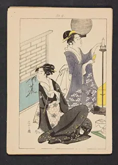 Geisha Prints: A collotype print depicting a geisha preparing entertainment using multicolored contour sticks and dark gray