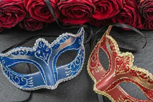 Tenerife Prints: The Colombina, red, blue carnival or masquerade mask