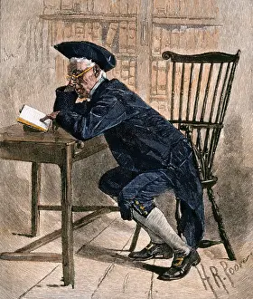 Reading Room Prints: Colonial book-worm in the old Philadelphia library, 1700s. Hand-colored woodcut