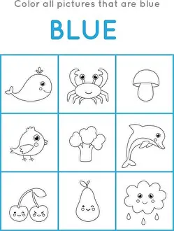 Broccoli Prints: Color all objects that are blue color. Educational coloring game for kids