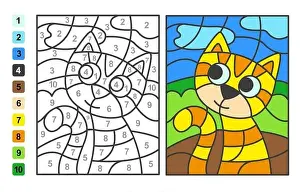 Difficulty Prints: Color by numbers cat Animal. Puzzle game for children education
