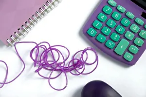 Mauve Prints: Color Purple, Book, Calculator, Mouse and Plastic String on White Background Horizontal