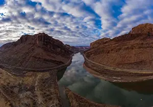 Wide Shot Prints: Colorado River and Red Sandstone Mountains on Cloudy Morning