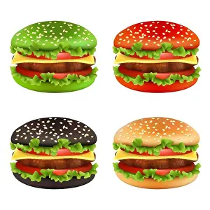 Hamburger Prints: Colored burgers. Fast food black cheeseburger bread of different colors