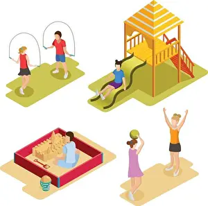 Carousel Prints: Colored isometric playground icon set with children play outdoor games and climb on playground vector illustration