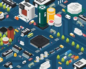 Capacitor Prints: Colored semiconductor electronic components isometric city concept with different elements combined in city vector