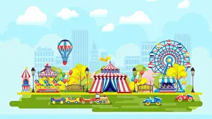 Ferris Wheel Prints: Colorful amusement park in city