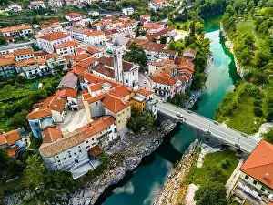 Colorful Architecture of Kanal Ob Soci Town in Slovenia at River Soca Valley. Drone View