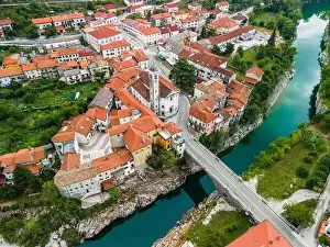 Soca Prints: Colorful Architecture of Kanal Ob Soci Town in Slovenia at River Soca Valley. Drone View