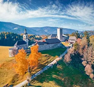 Dolomiten Prints: Colorful autumn view from flying drone of Kapelle (Cappella di castel Lamberto) castel