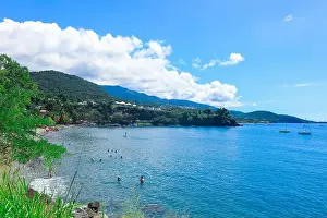 Blue Boat Prints: Colorful Bay with the Small Boats among the Green Mountains, Guadeloupe island