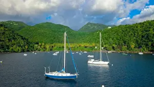 Guadeloupe Prints: Colorful Bay with the Small Boats among the Green Mountains, Guadeloupe island