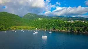 Guadeloupe Prints: Colorful Bay with the Small Boats among the Green Mountains, Guadeloupe island