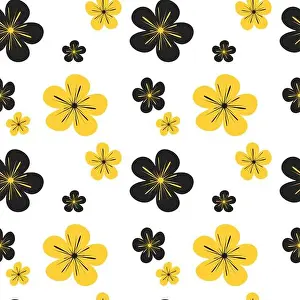 Hibiscus Prints: colorful black yellow flowers seamless vector pattern background illustration